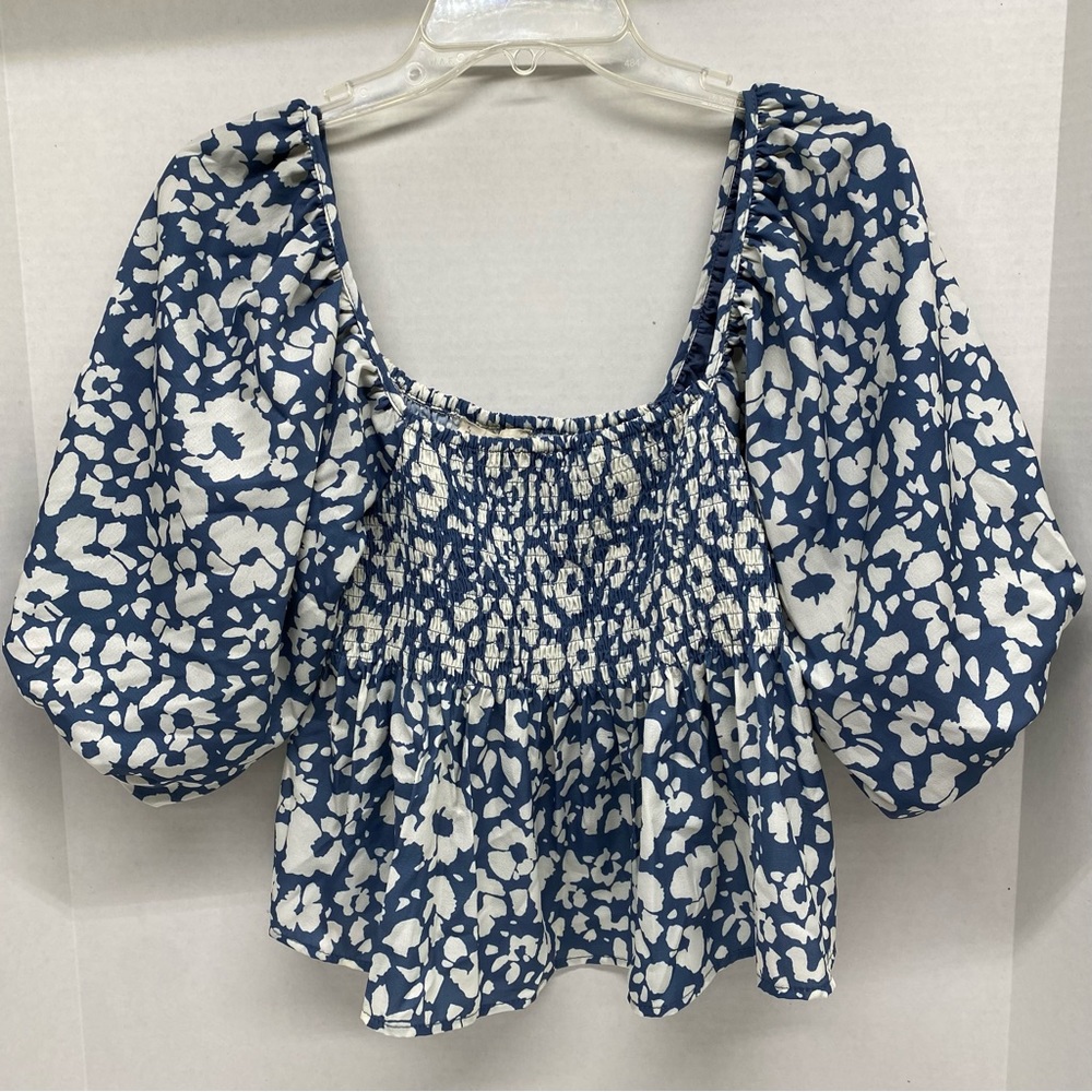 By Together Size S Blue & Cream Top Square Neck Gathered Bust Billowing Sleeves
